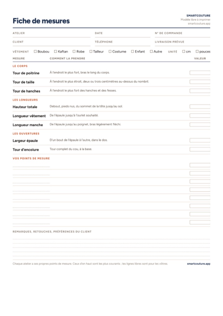 Aperçu de la fiche de mesures SmartCouture : en-tête atelier et client, cases de type de vêtement, tableau des mesures avec la façon de les prendre, lignes libres et zone de remarques.