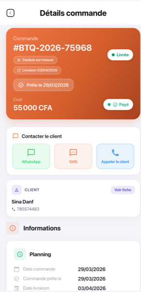 Application SmartCouture sur mobile : détail commande avec statut, acompte et livraison