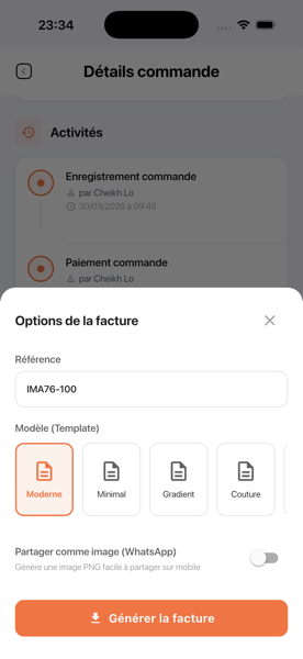 Application SmartCouture sur mobile : génération facture PDF professionnelle