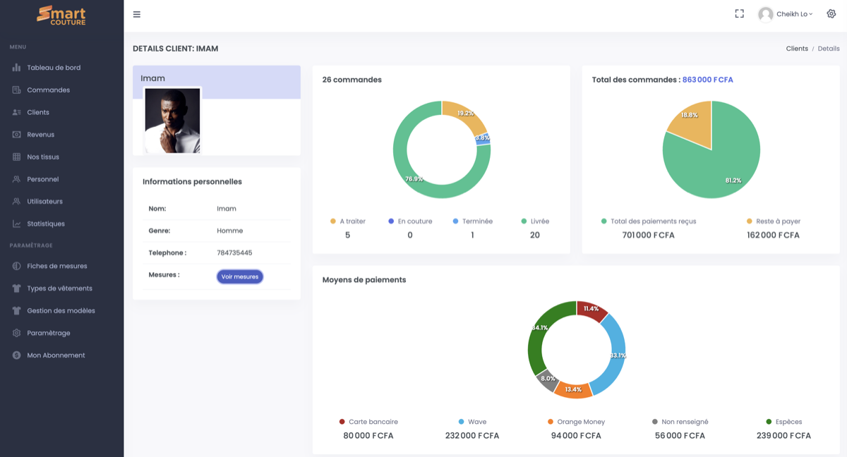 SmartCouture screen: managing client sheets with measurements and order history
