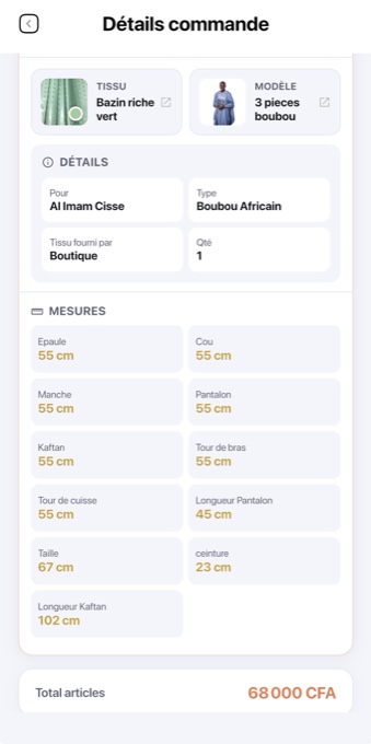 SmartCouture mobile app: the detail of an order, with the fabric, the style, the garment type and eleven named measuring points.